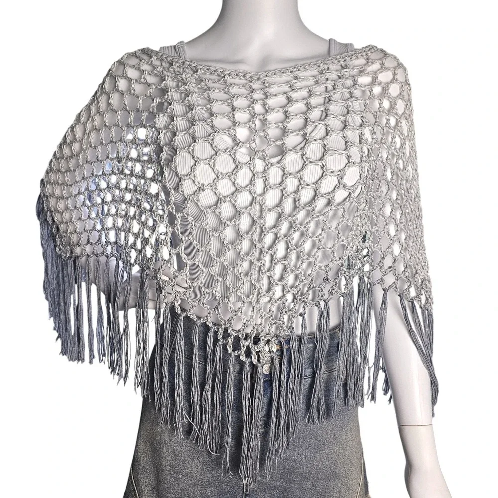Handmade Crochet Shawl Women Gray Ombre Fringe Cotton Boho Poncho - Picture 7 of 10